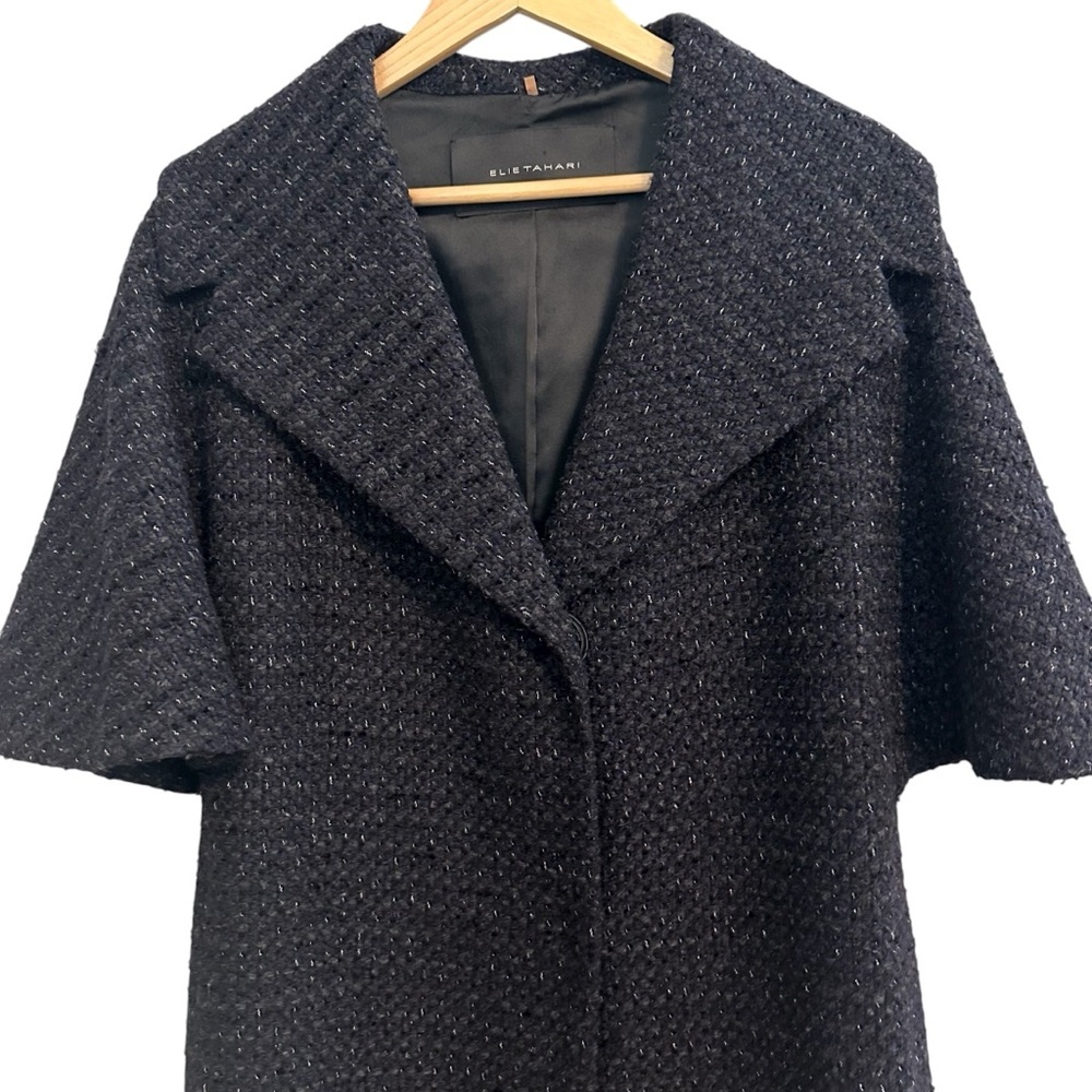 Elie Tahari Elegant Navy Tweed Wool-Blend Topper Coat, XS, S